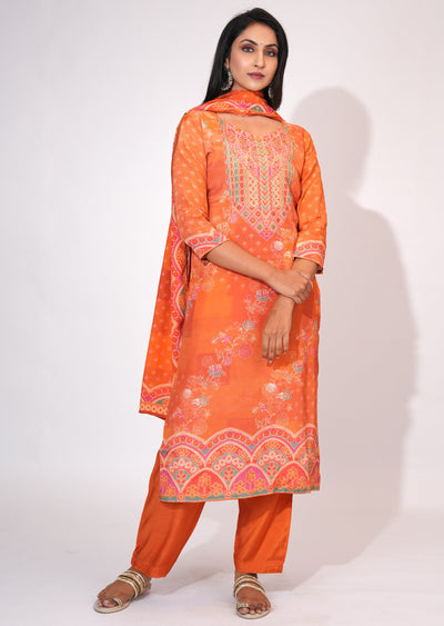 Orange Muslin Straight cut suit