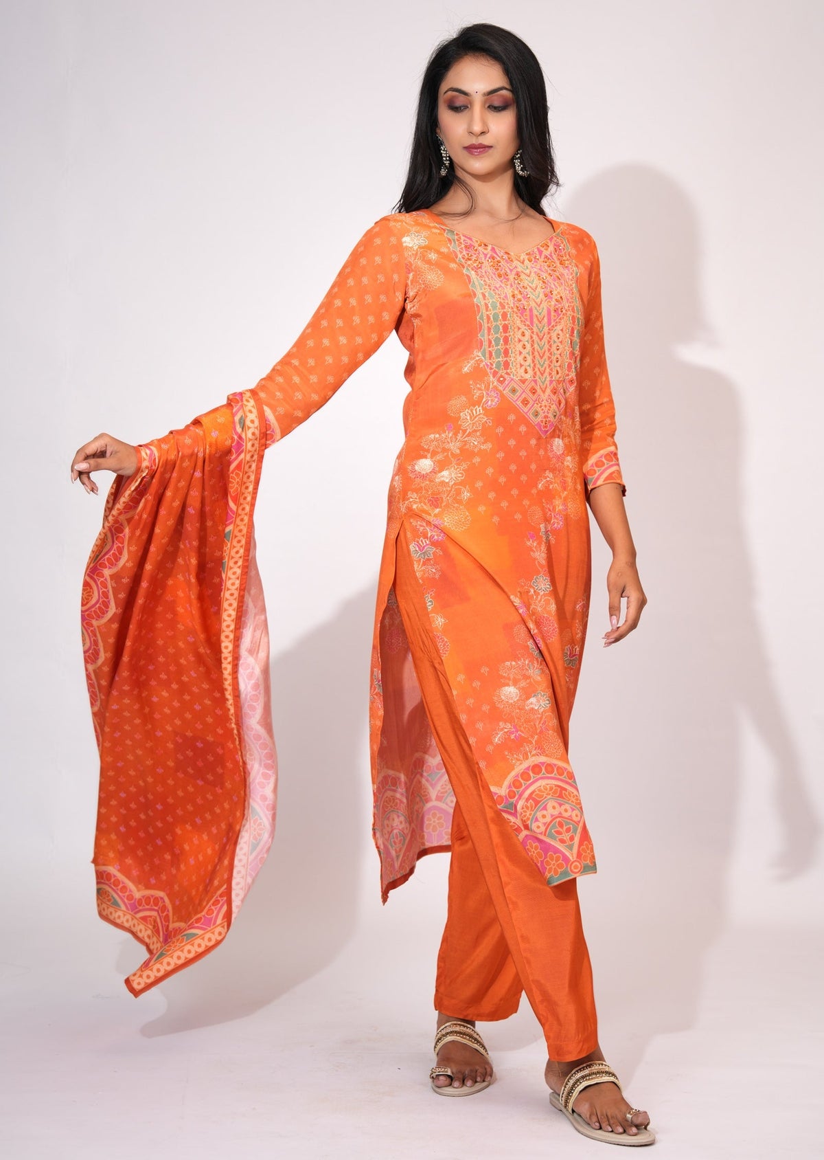 Orange Muslin Straight cut suit