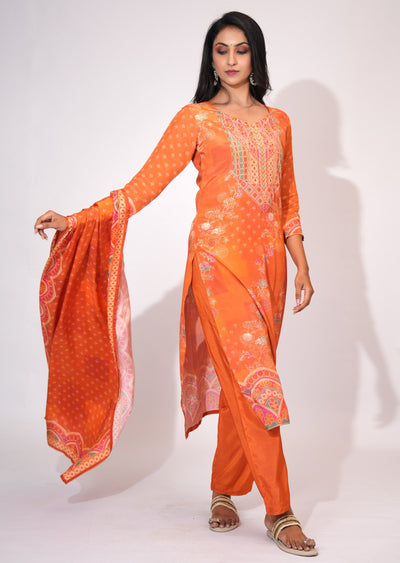 Orange Muslin Straight cut suit