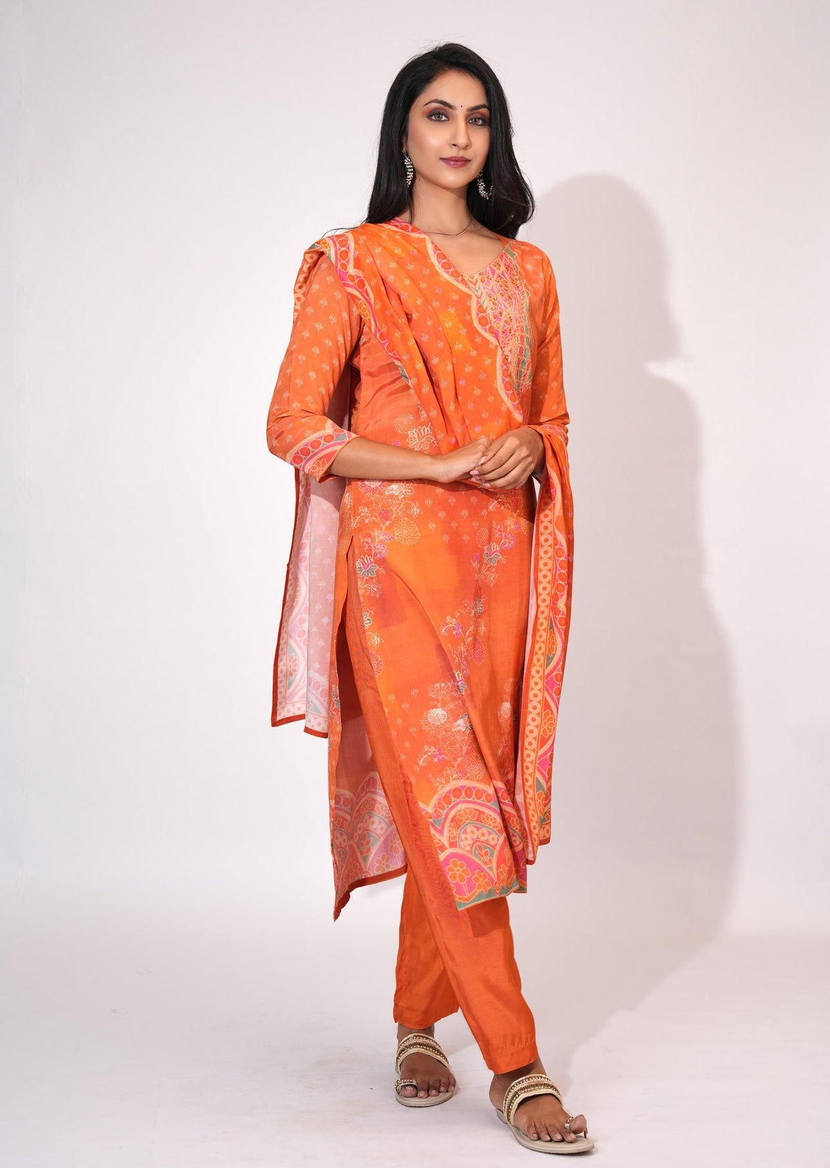 Orange Muslin Straight cut suit