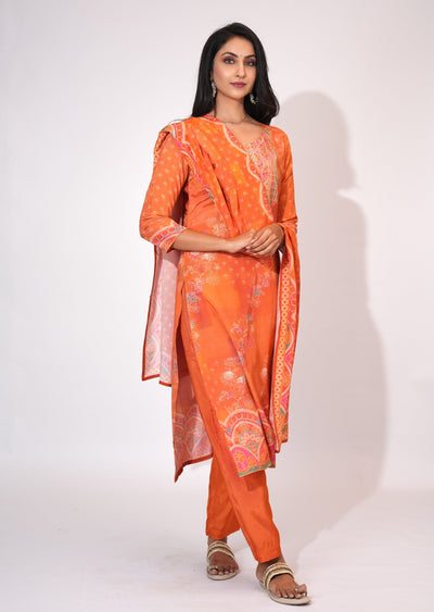 Orange Muslin Straight cut suit