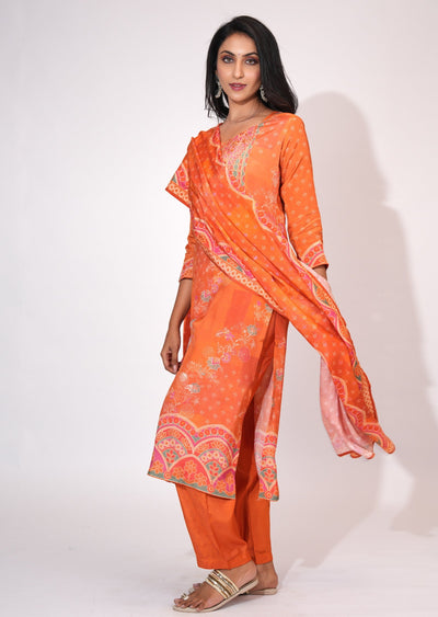 Orange Muslin Straight cut suit