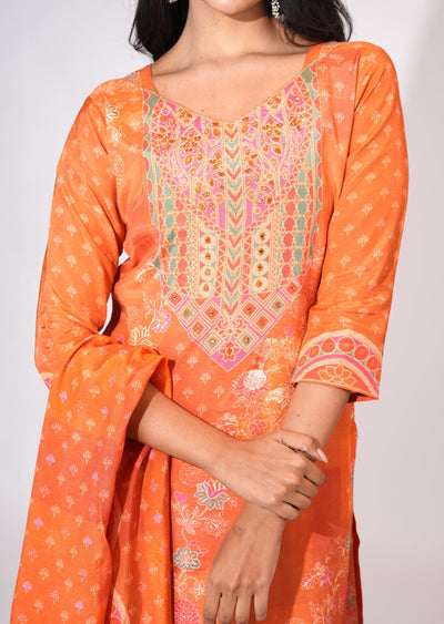 Orange Muslin Straight cut suit