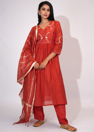 Dark Rust Mul Chanderi Anarkali Suit