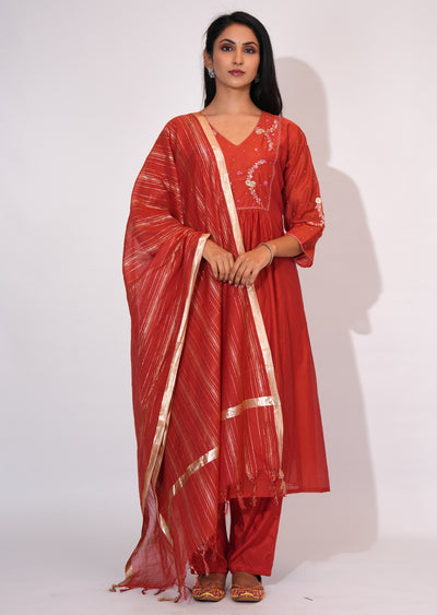 Dark Rust Mul Chanderi Anarkali Suit