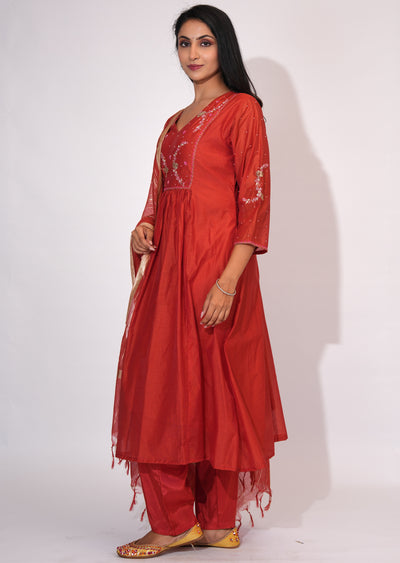 Dark Rust Mul Chanderi Anarkali Suit