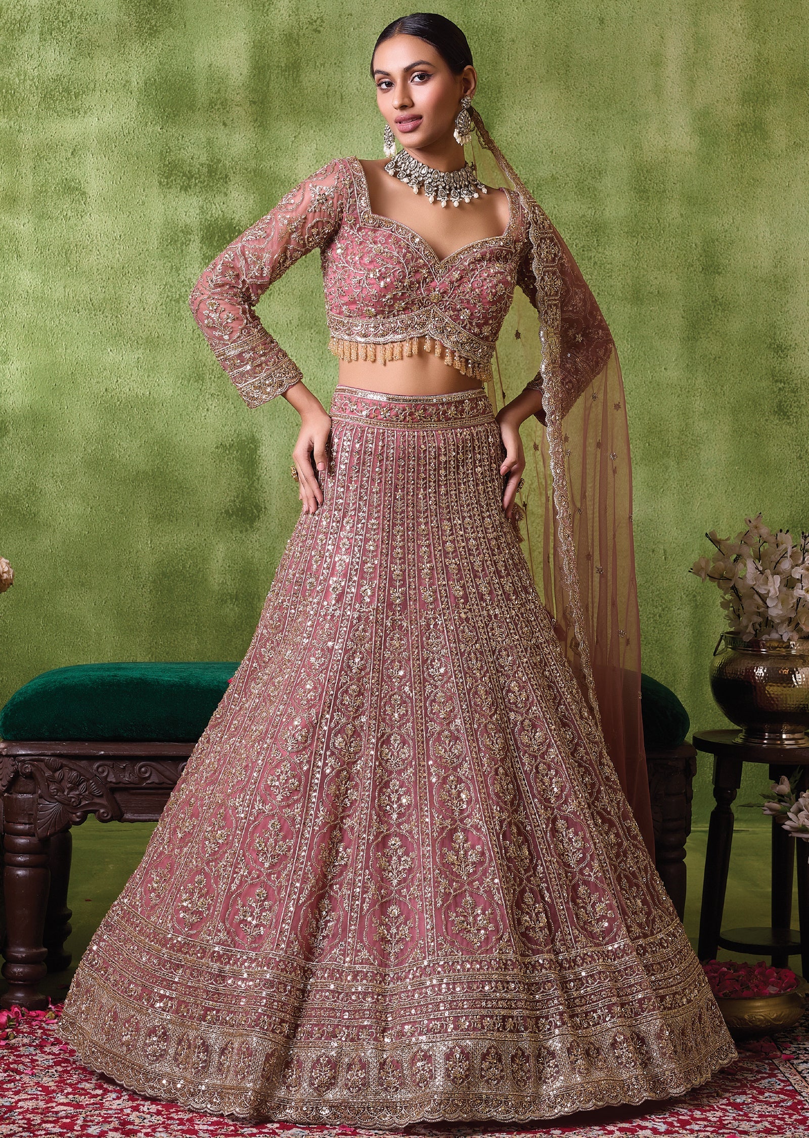 Onion Pink Net Lehenga Set