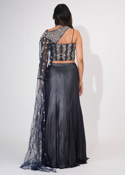 Navy Blue Shimmer Crop top Set