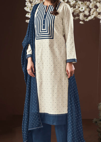 Cream & Blue Cotton Straight cut suit