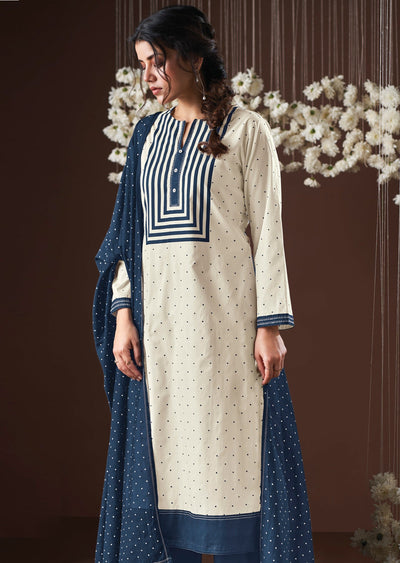 Cream & Blue Cotton Straight cut suit