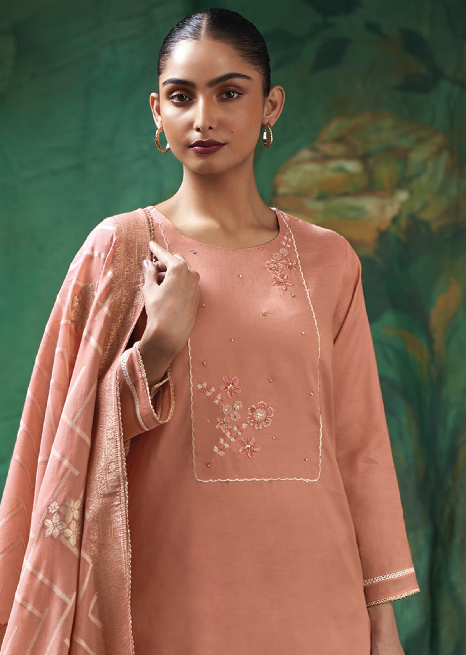 Peach Mul Chanderi Straight cut suit