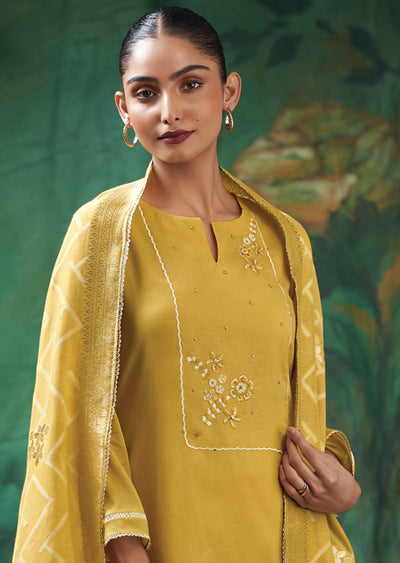 Yellow Mul Chanderi Straight cut suit