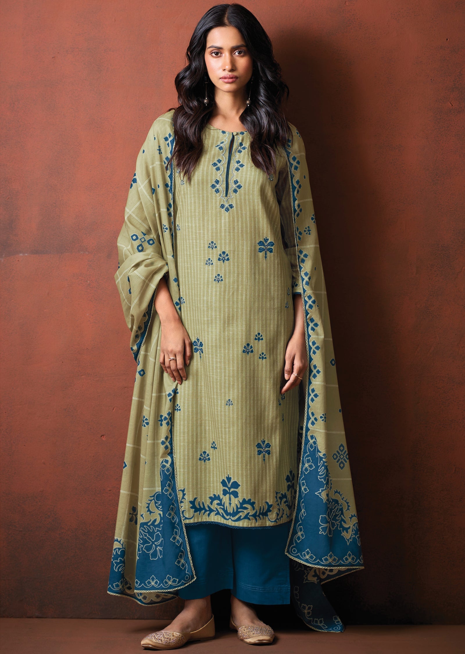 Green Cotton Straight cut suit
