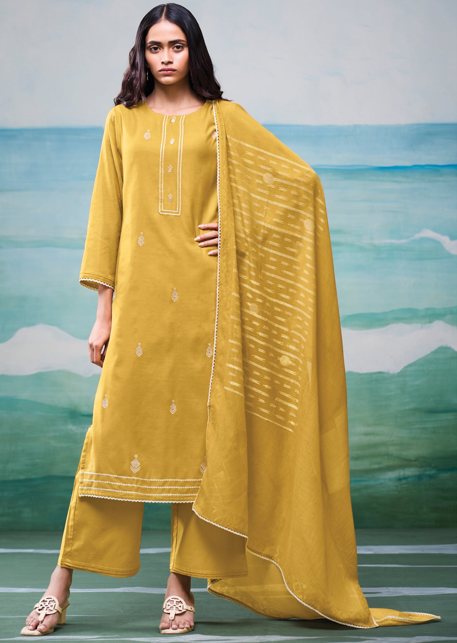 Mustard Mul Chanderi Straight cut suit