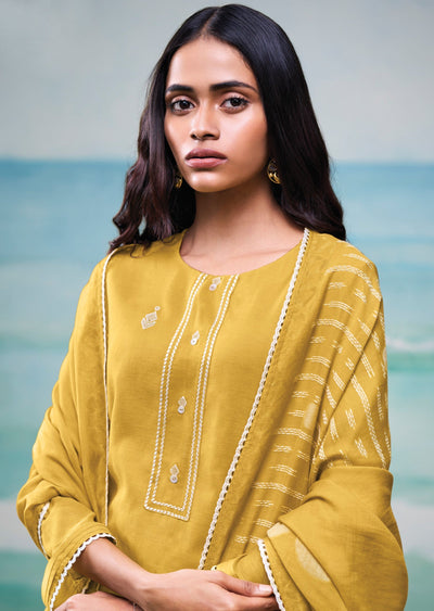 Mustard Mul Chanderi Straight cut suit