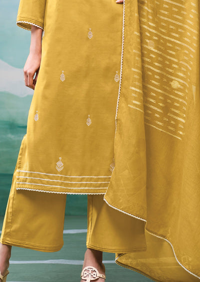 Mustard Mul Chanderi Straight cut suit