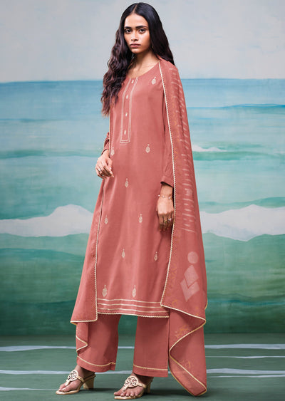 Peach Mul Chanderi Straight cut suit
