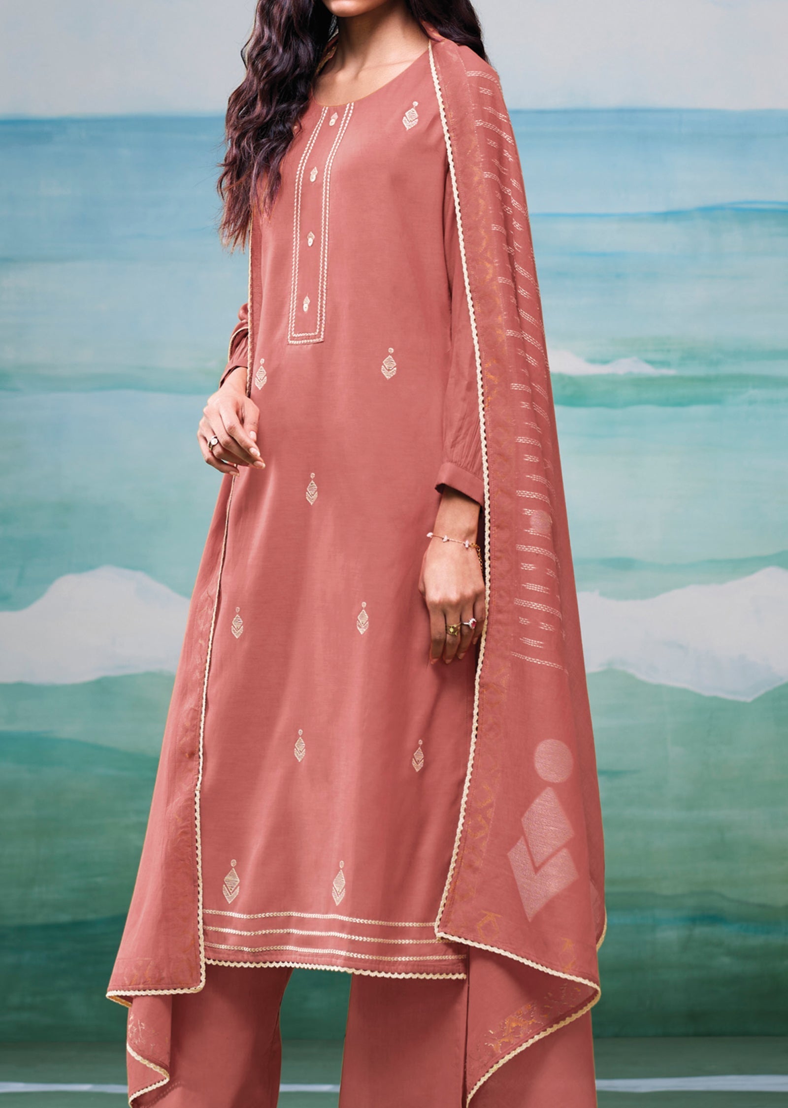 Peach Mul Chanderi Straight cut suit