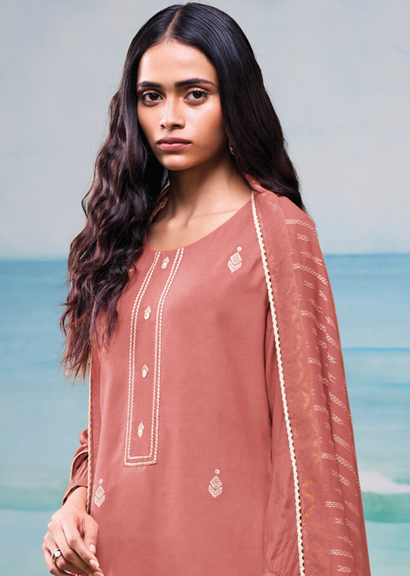 Peach Mul Chanderi Straight cut suit