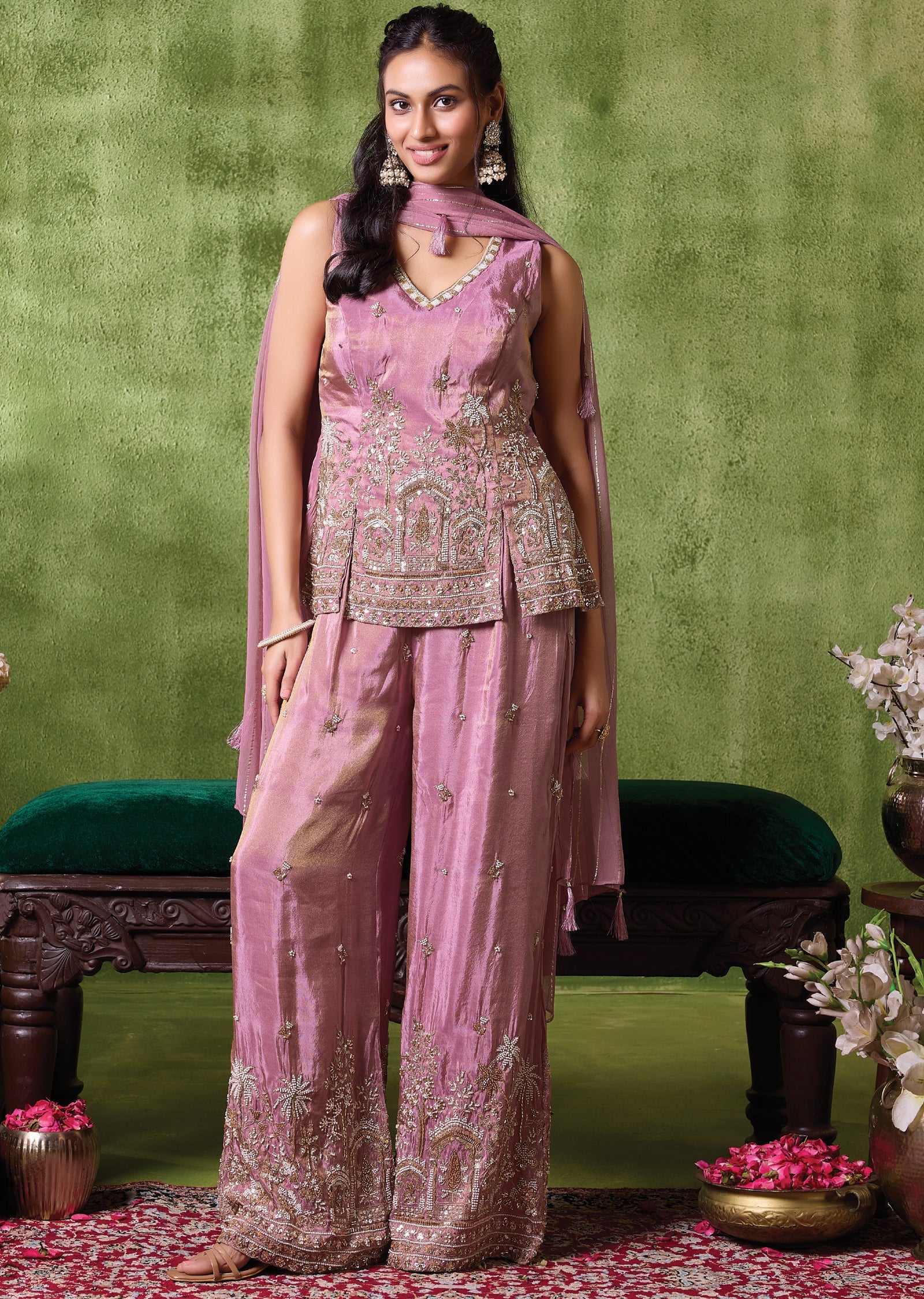 Onion Pink Tissue Sharara Set
