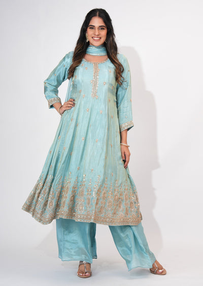 Dusty Blue Tissue Anarkali Suit