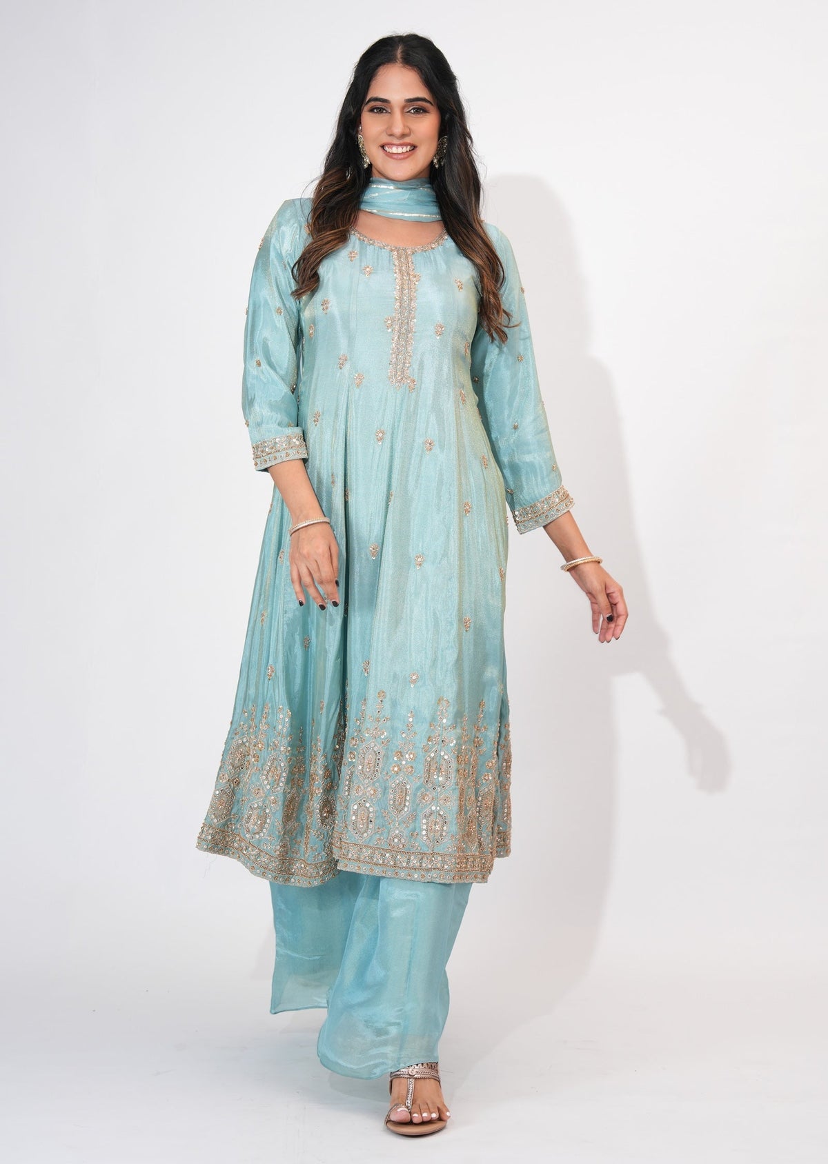 Dusty Blue Tissue Anarkali Suit