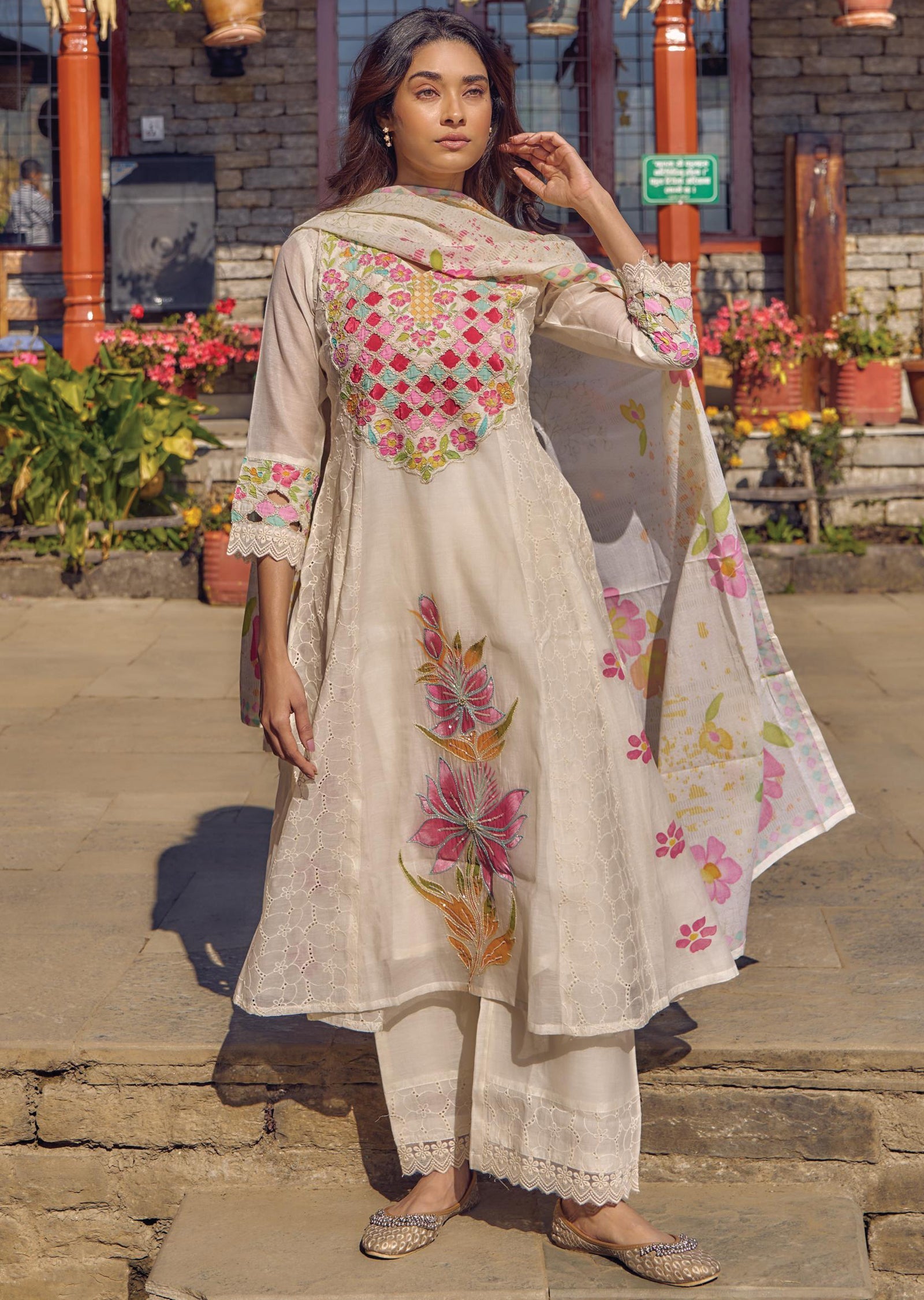 Light Yellow Cotton Anarkali Suit