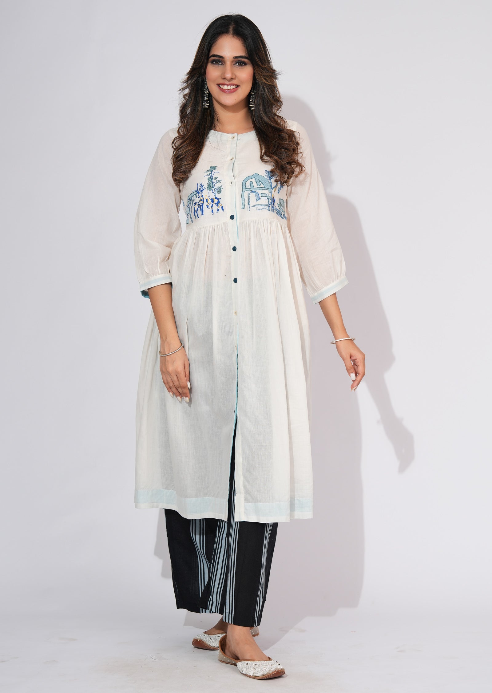 Off White Cotton Frock style kurti set