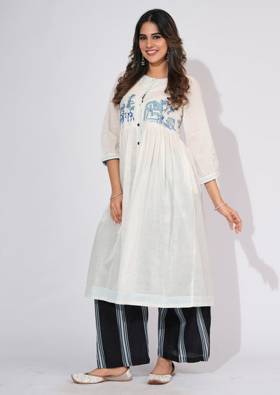 Off White Cotton Frock style kurti set