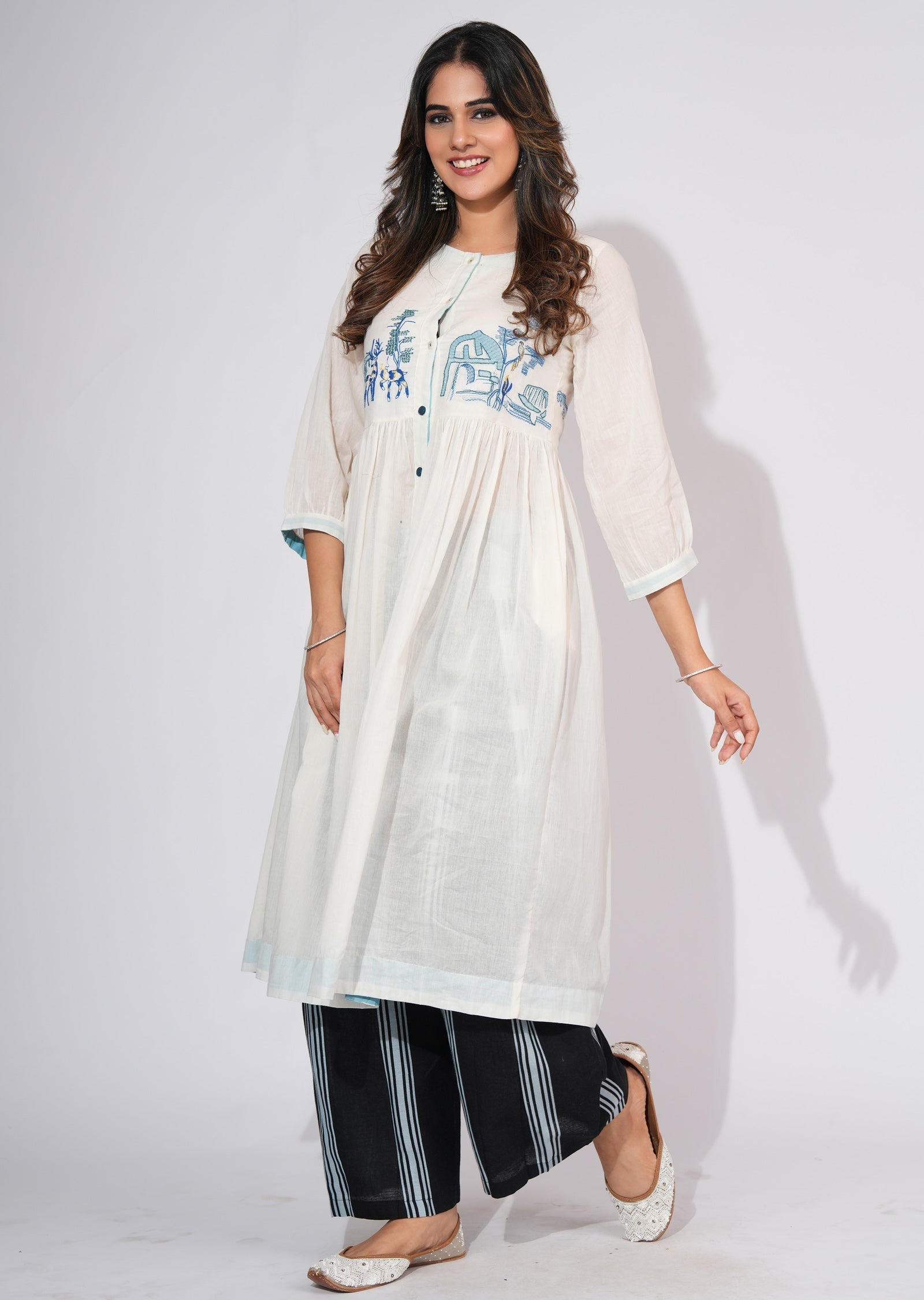 Off White Cotton Frock style kurti set