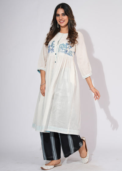 Off White Cotton Frock style kurti set