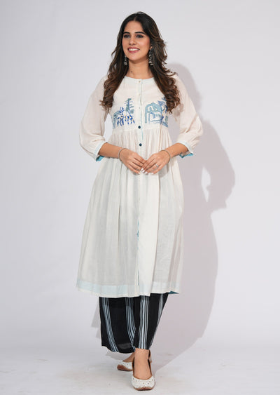 Off White Cotton Frock style kurti set