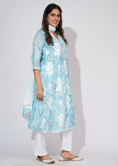 Light Blue Cotton Anarkali Suit