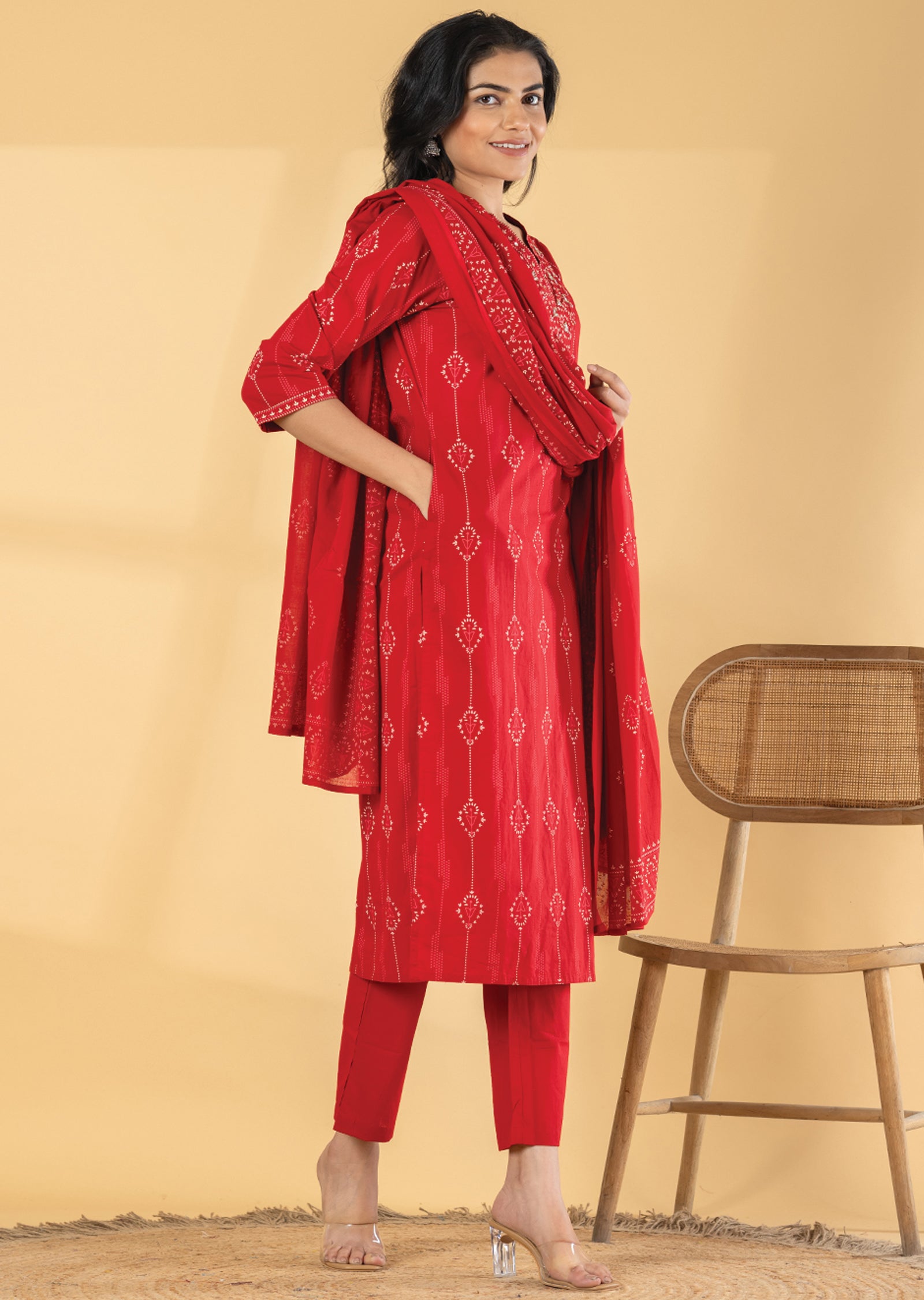 Red Cotton Straight cut suit