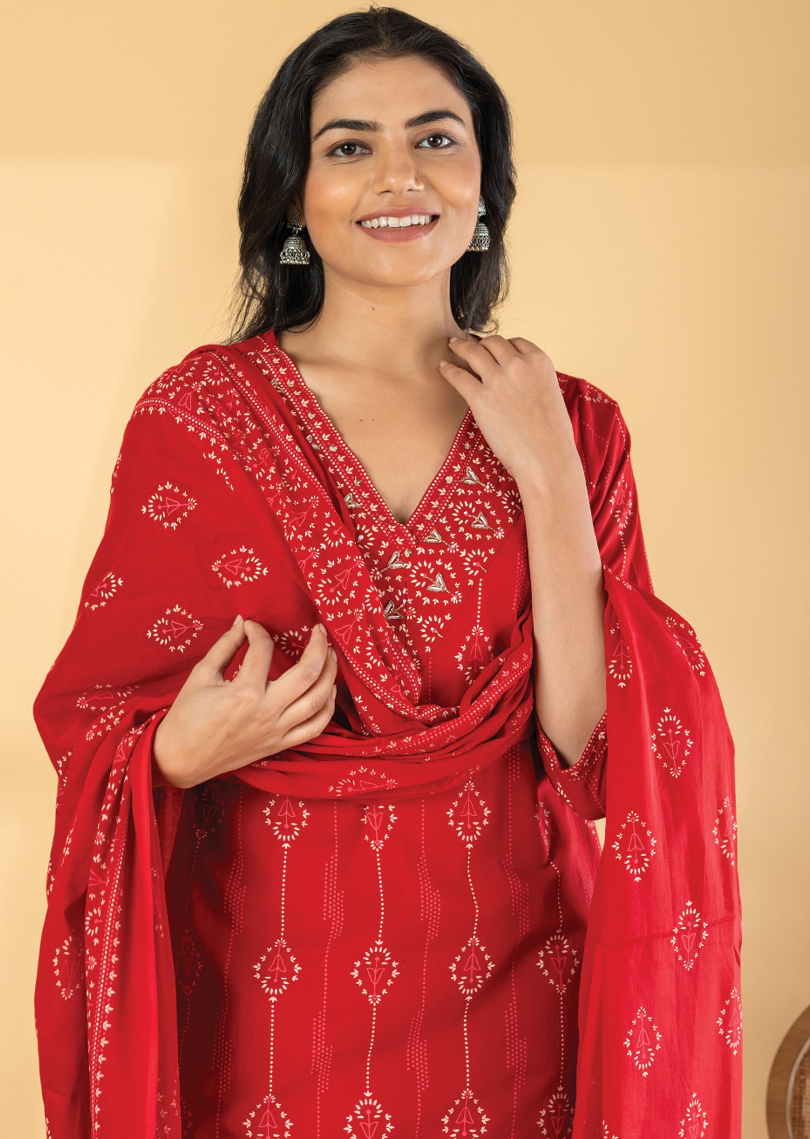 Red Cotton Straight cut suit