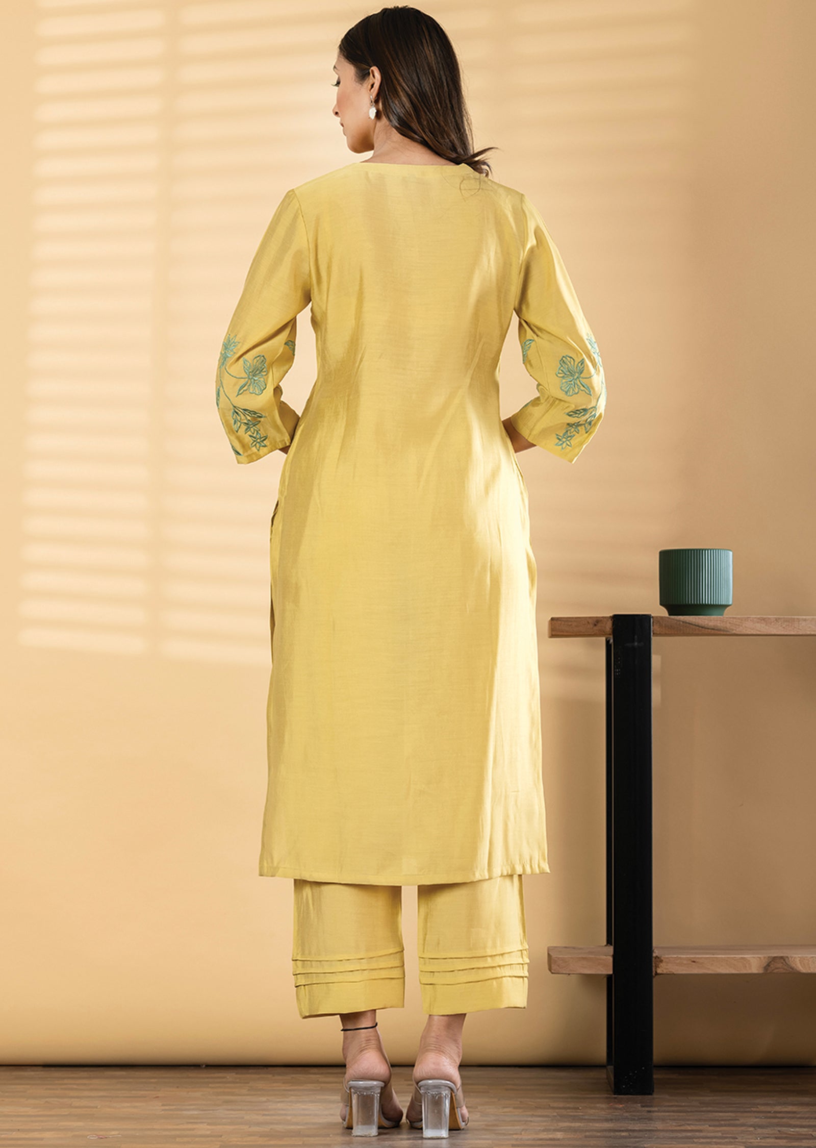 Mustard Dola Silk Straight cut Kurti set