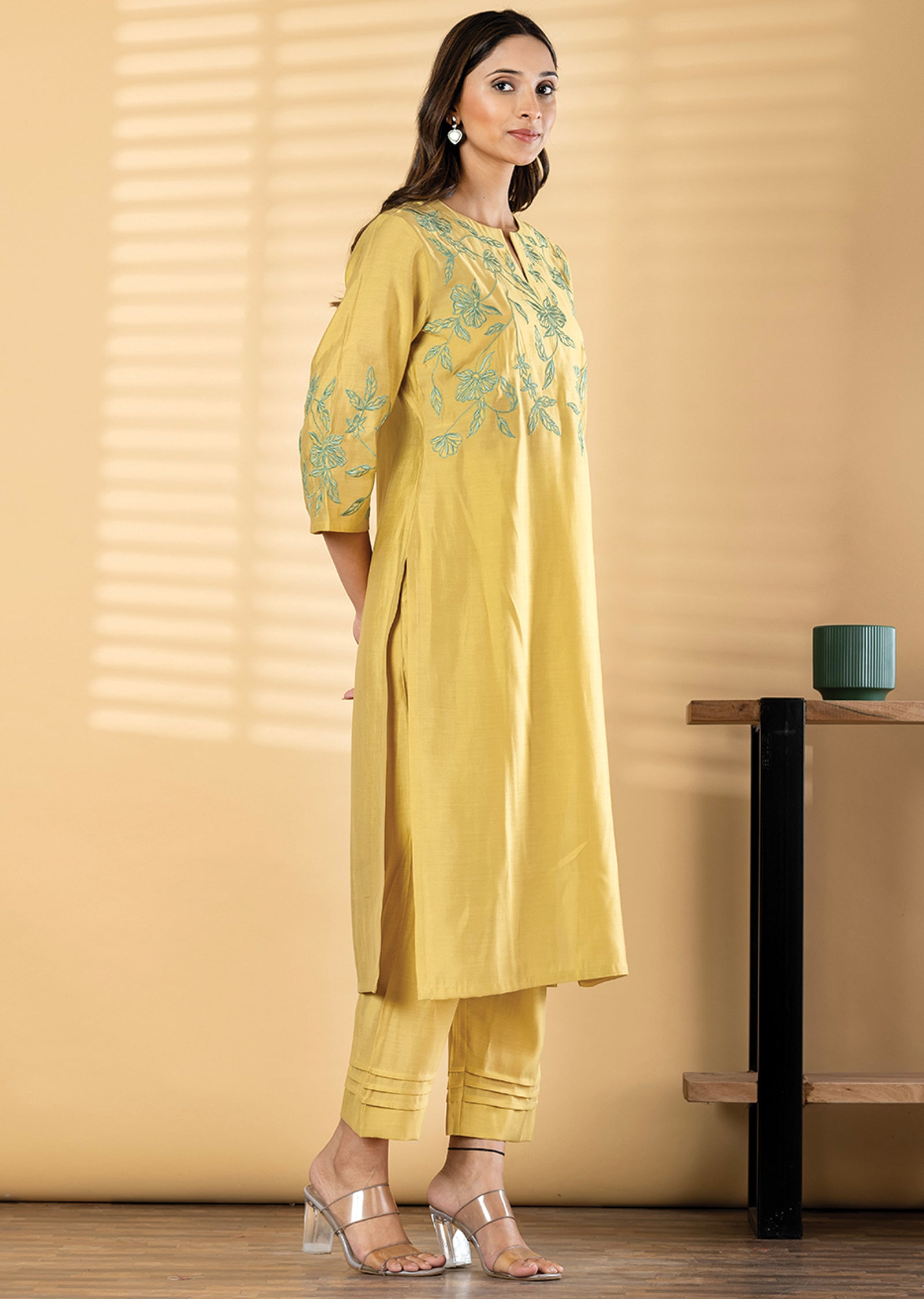 Mustard Dola Silk Straight cut Kurti set