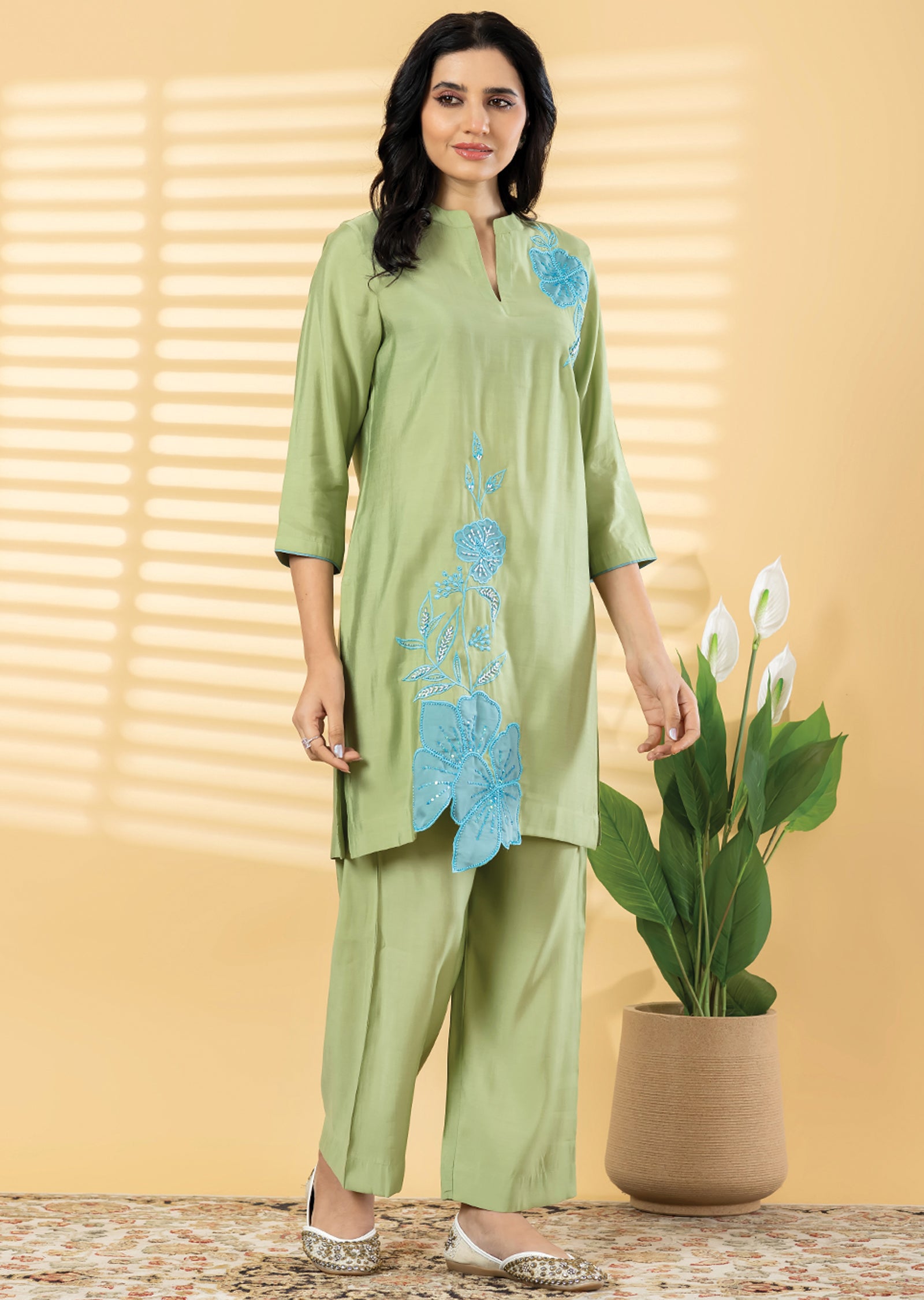 Pista Green Dola Silk Straight cut Kurti set