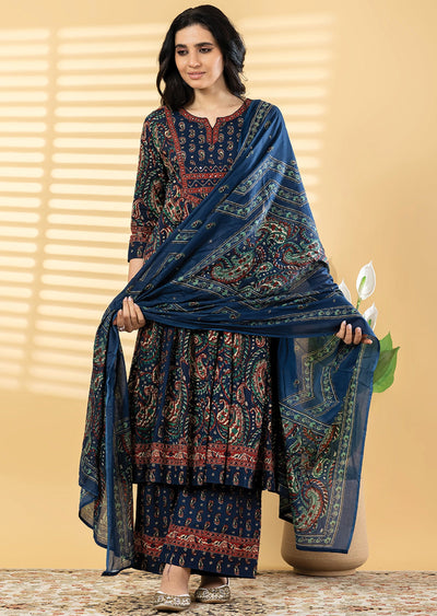 Navy Blue Cotton Anarkali Suit