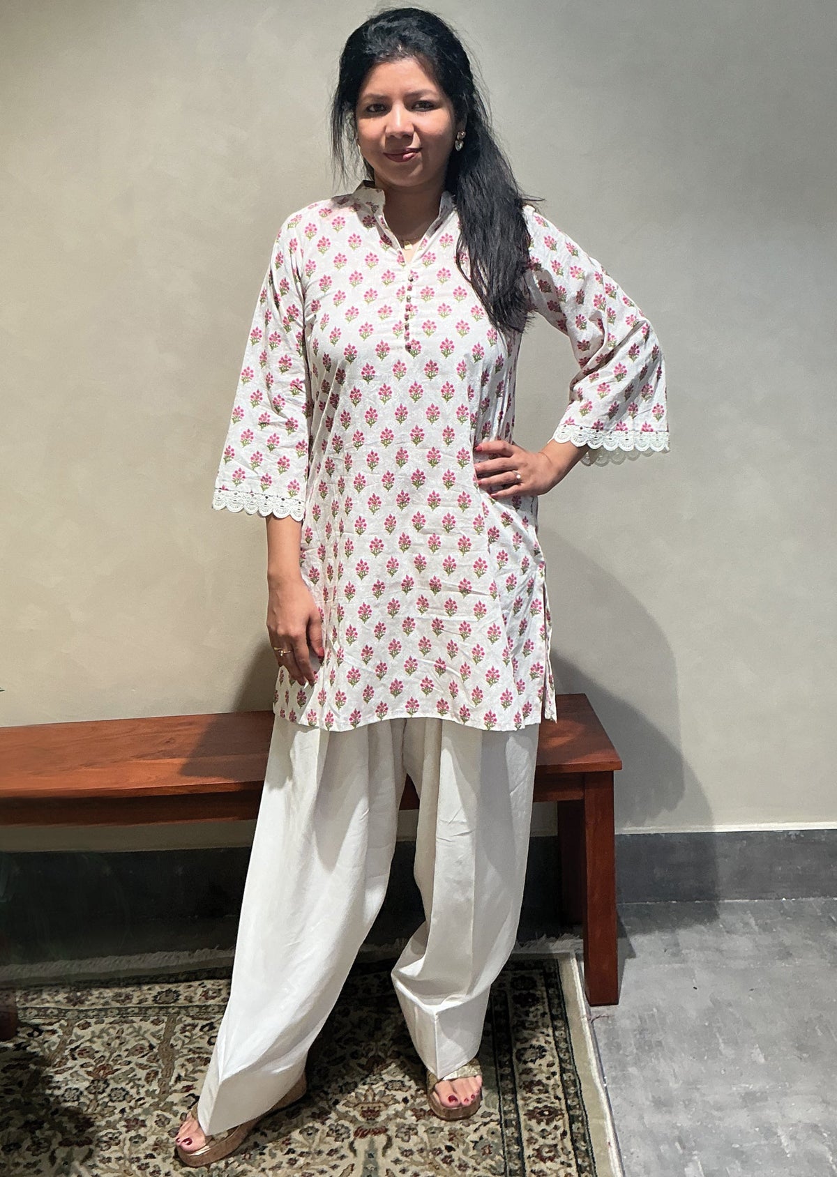 Cream & pink Mul Cotton Kurti Set