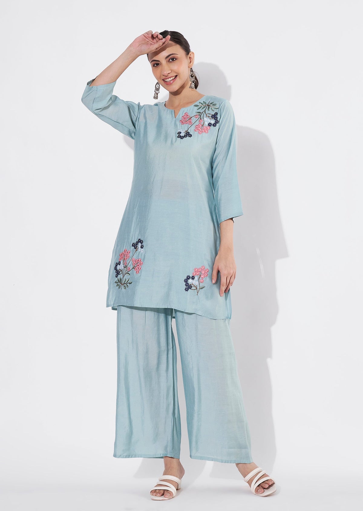 Dusty Green Russian Silk Straight cut Kurti set