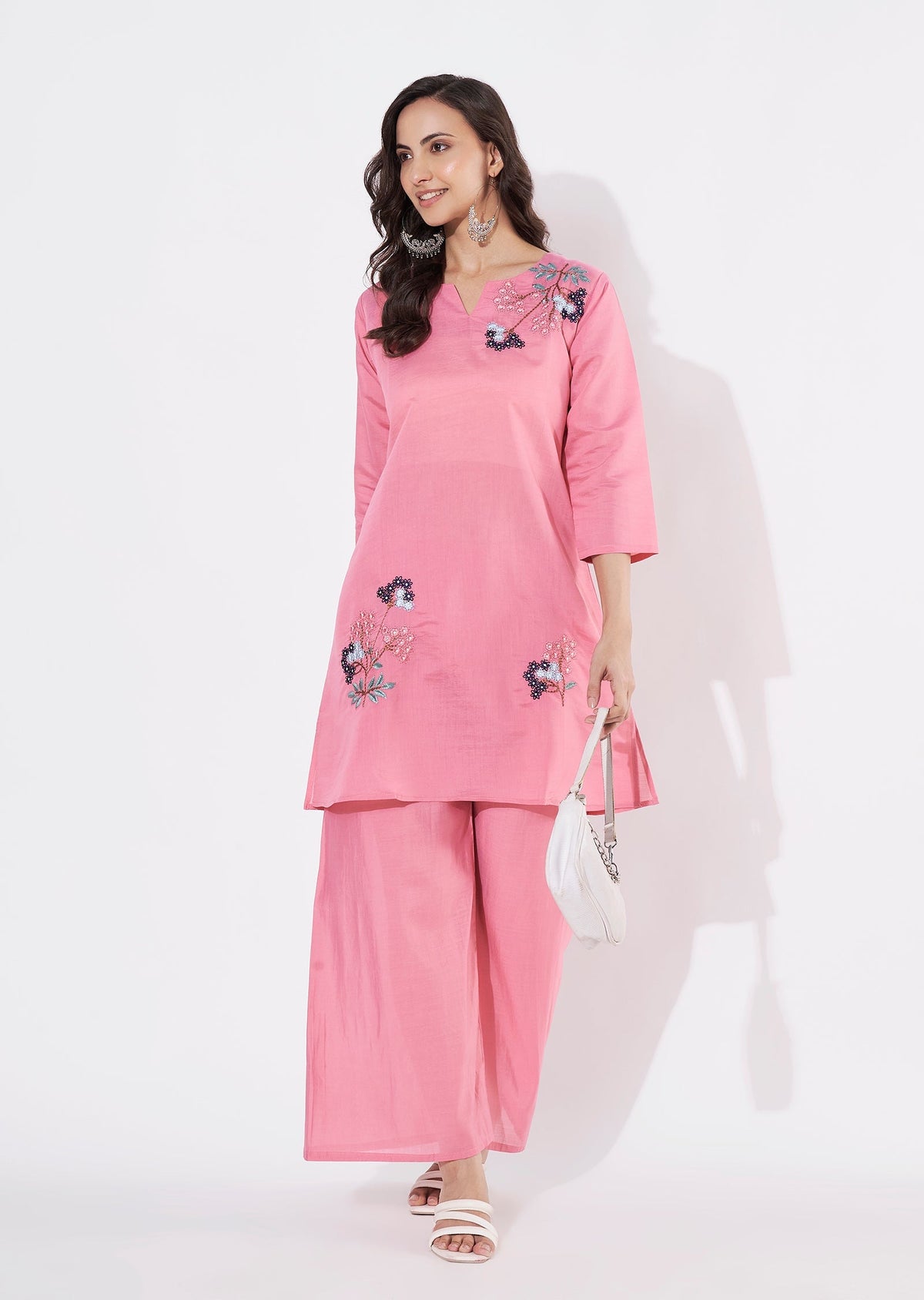 Dark Pink Russian Silk Straight cut Kurti set