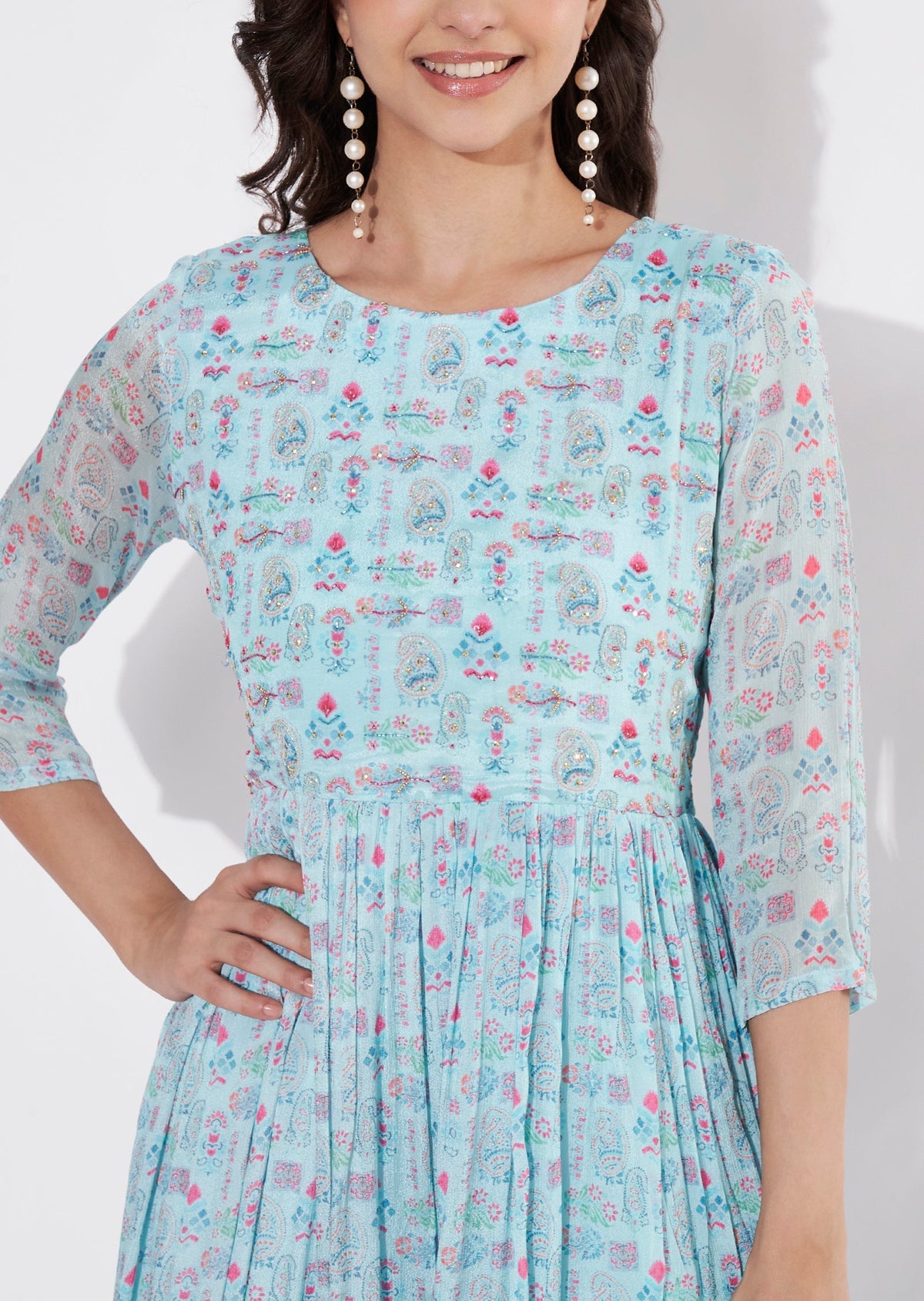 Sea Green Chinnon Long kurti