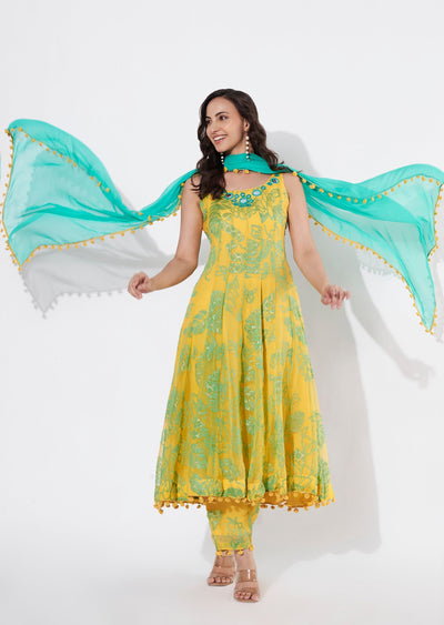 Yellow brasso Anarkali suit