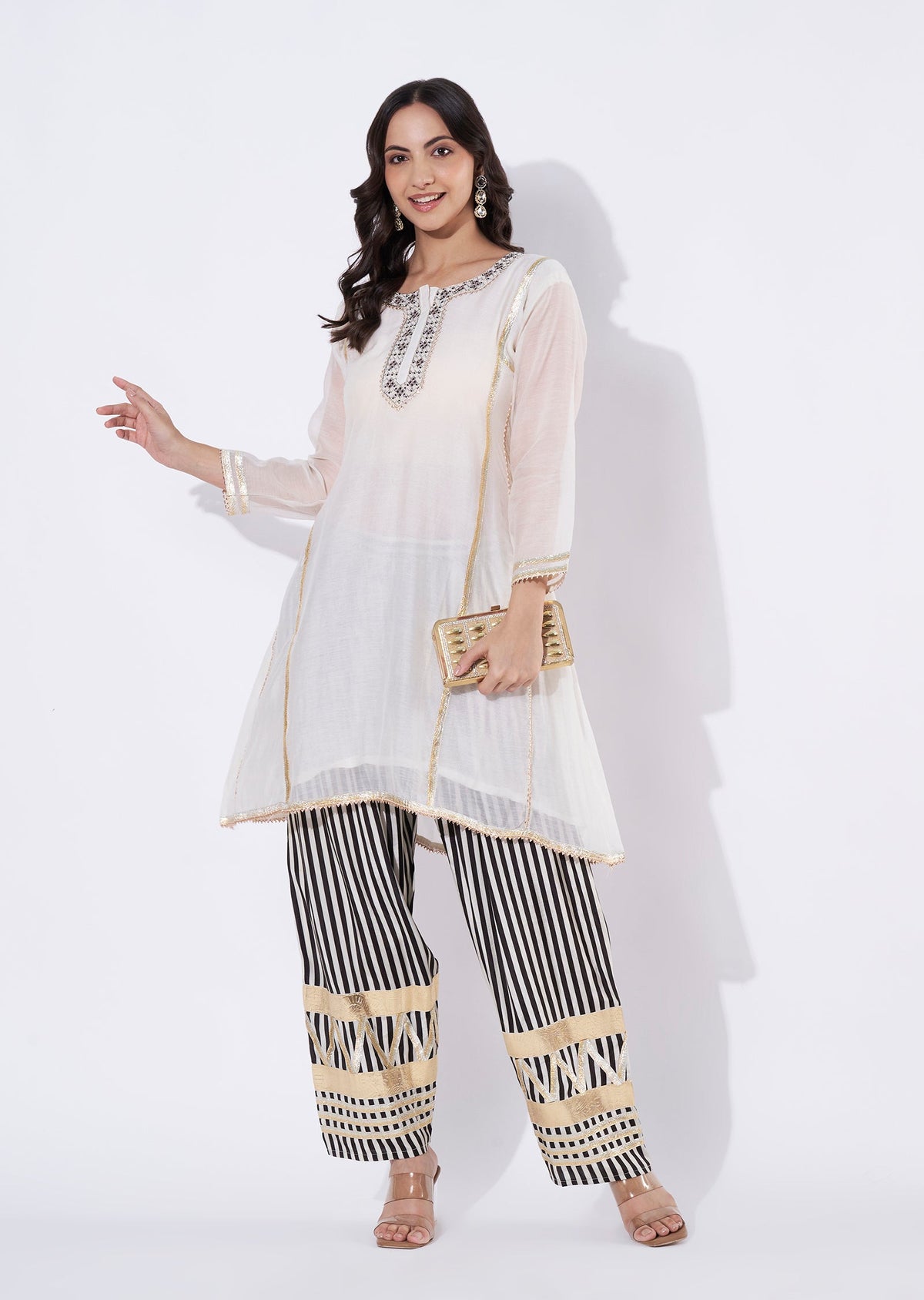 Cream Chanderi Straight cut Kurti set