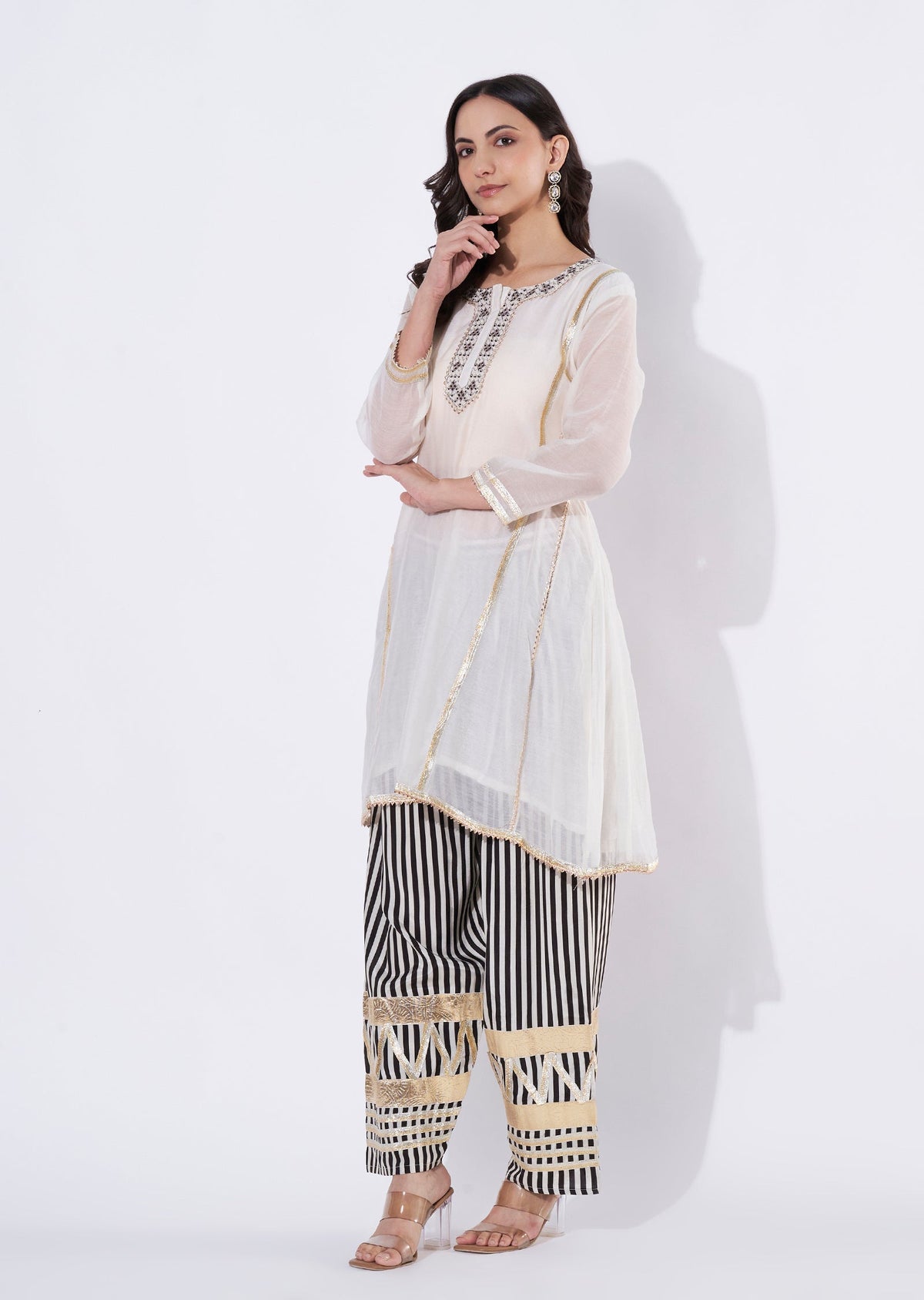 Cream Chanderi Straight cut Kurti set