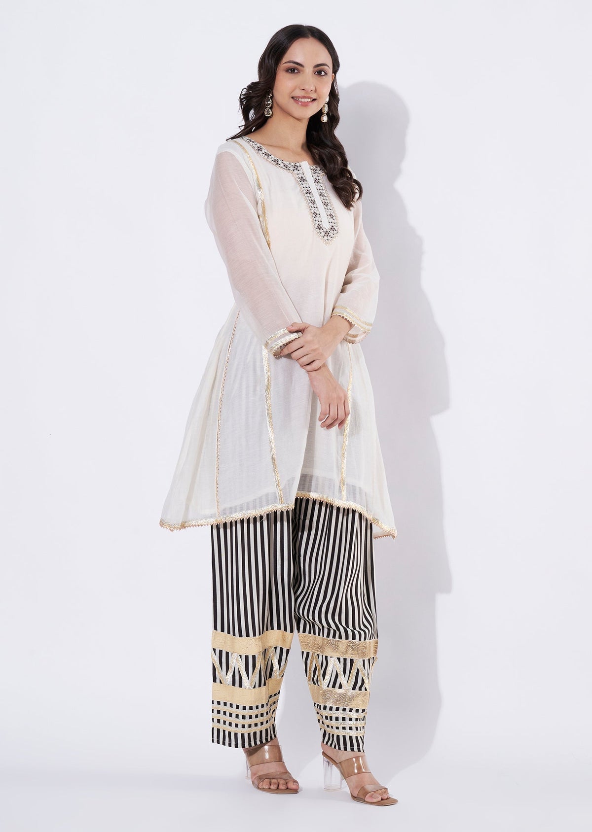 Cream Chanderi Straight cut Kurti set