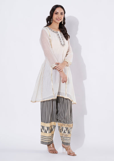Cream Chanderi Straight cut Kurti set