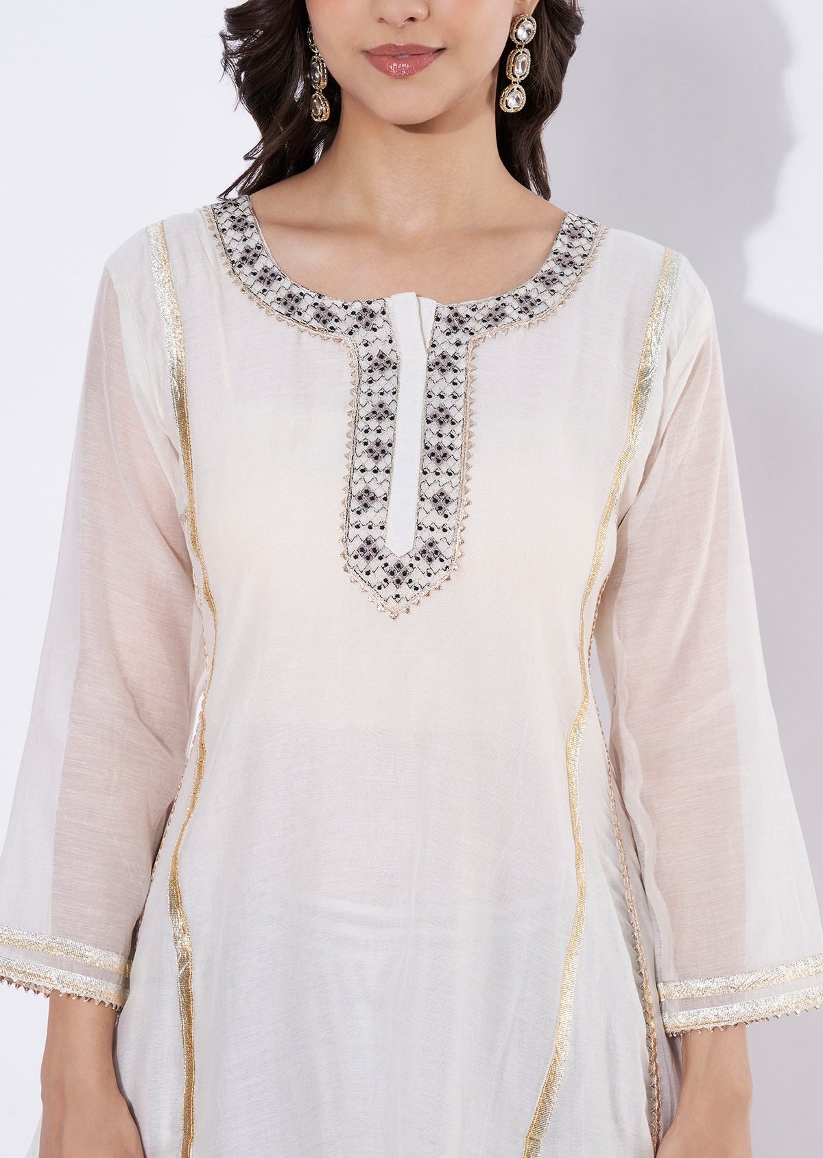 Cream Chanderi Straight cut Kurti set