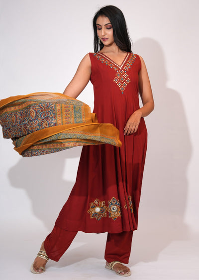 Dark Rust Reyon Anarkali suit